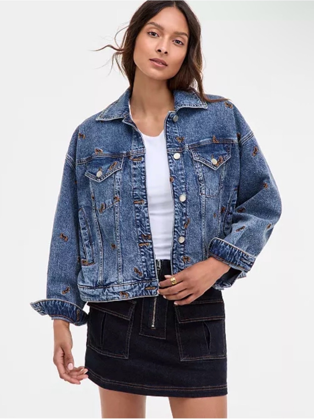 Avec Les Filles Blue Denim Jean Jacket with Subtle Brown Embroidery